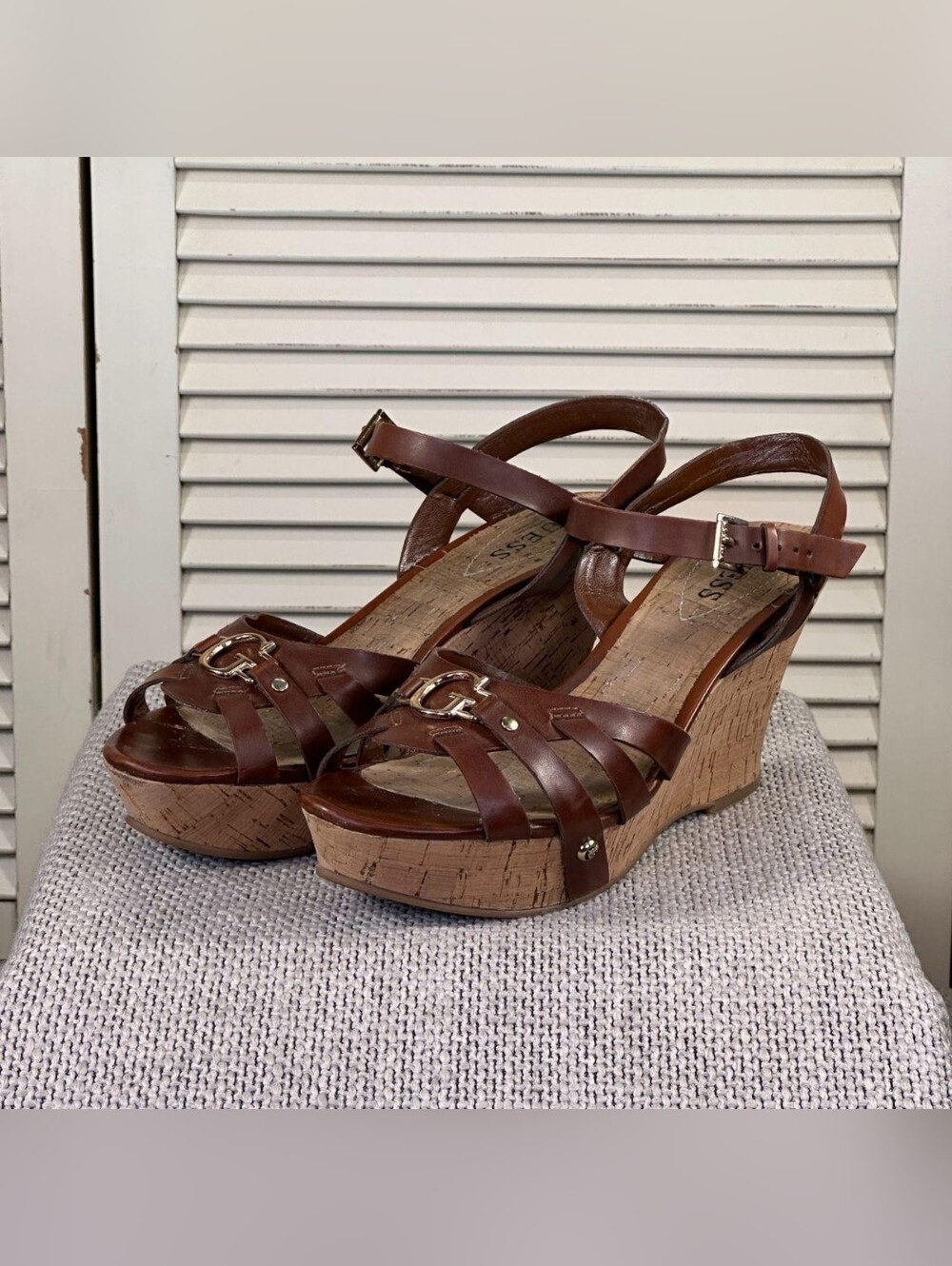 Guess Brown Leather Cork Wedge Sandals with Gold Logo